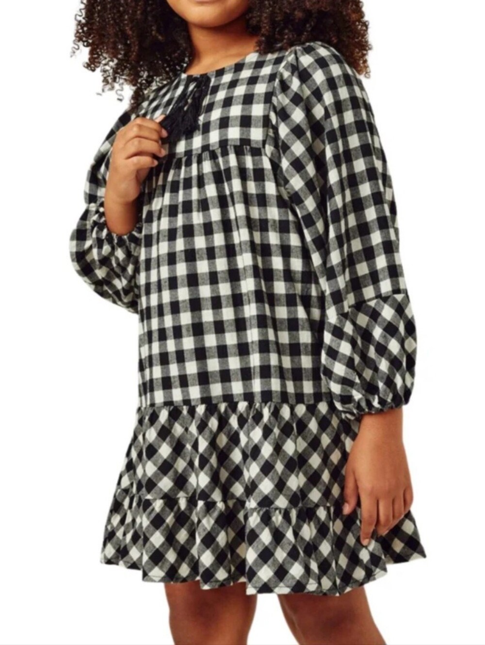 Hayden Girls Black White Gingham Tunic Ruffle Dress XL Tie Front Tassle Tiered